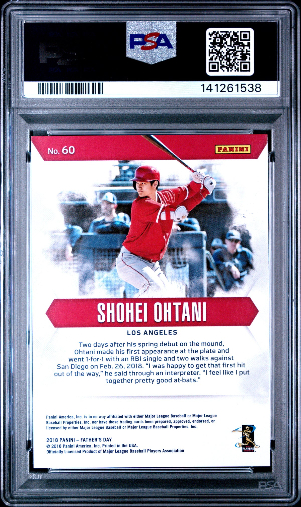 Reverso de 2018 Panini Día del Padre Shohei Ohtani #60 RC Bateo /399 PSA 9 / ProCard Sport | PCS-668