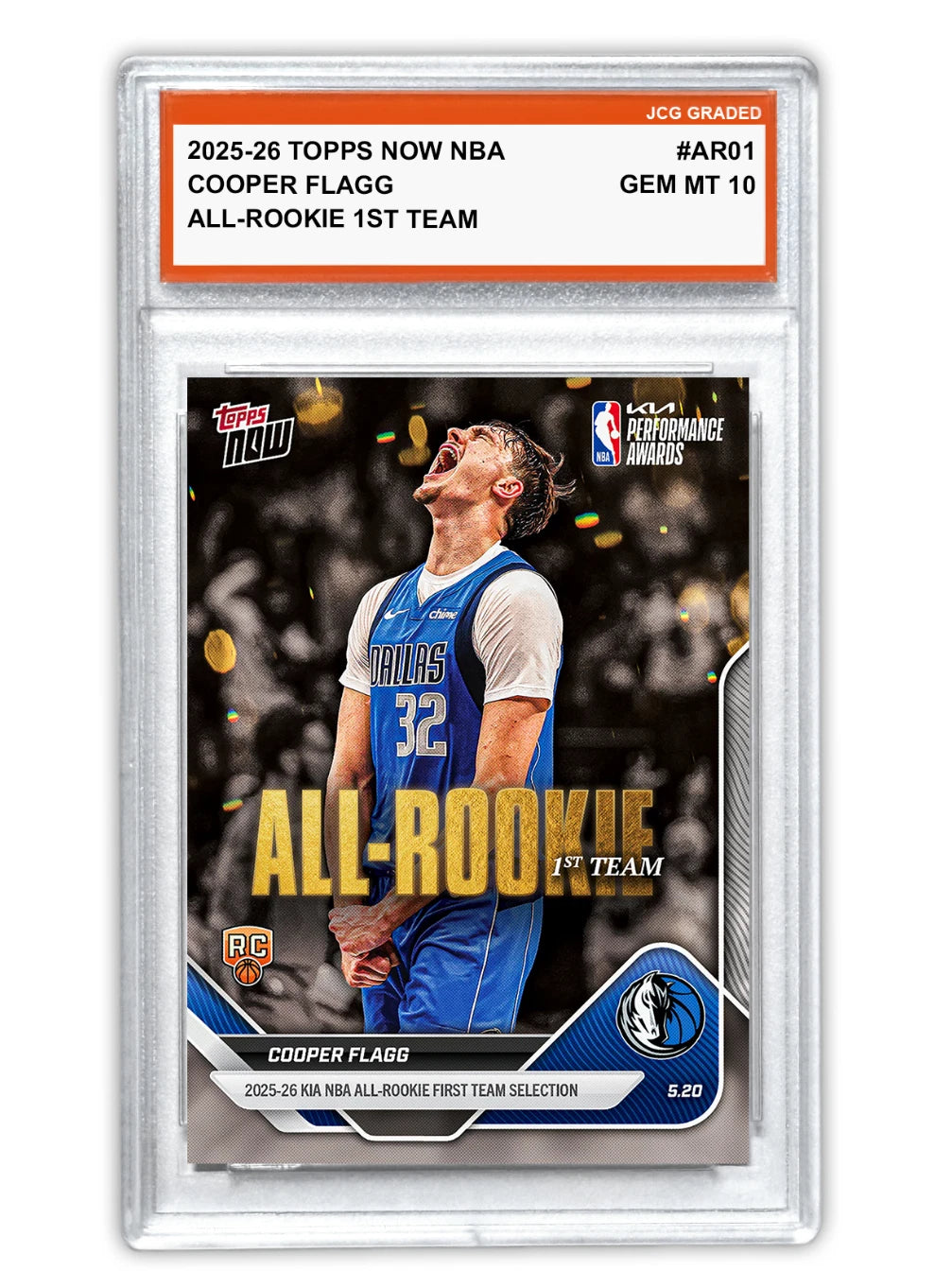 Fotografía frontal de Cooper Flagg 2025-26 Topps NOW NBA #AR01, JCG Graded Gem MT 10