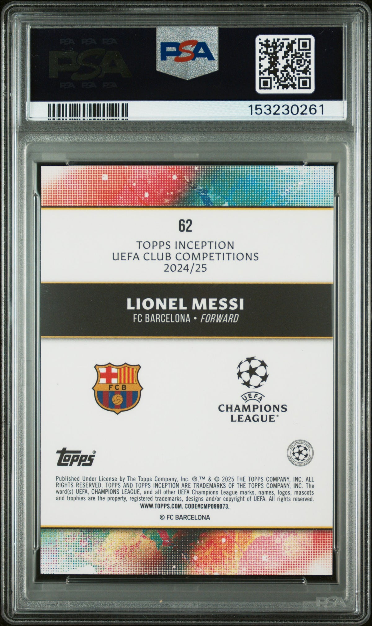 Reverso de 2024-25 Topps Inception Lionel Messi #62 Punto PSA 10 / ProCard Sport | PCS-642