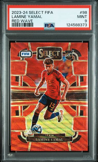 Frente de 2023-24 Panini Select Lamine Yamal #98 RC Terrace Red Wave /149 PSA 9 / ProCard Sport | PCS-660