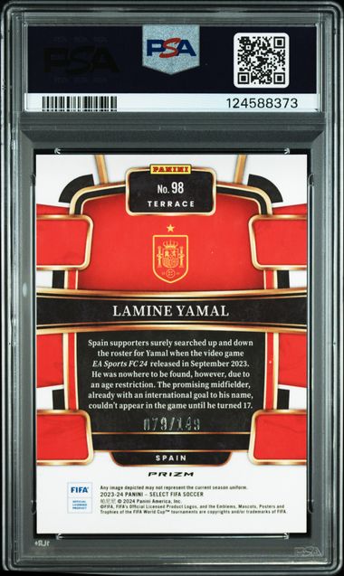 Reverso de 2023-24 Panini Select Lamine Yamal #98 RC Terrace Red Wave /149 PSA 9 / ProCard Sport | PCS-660