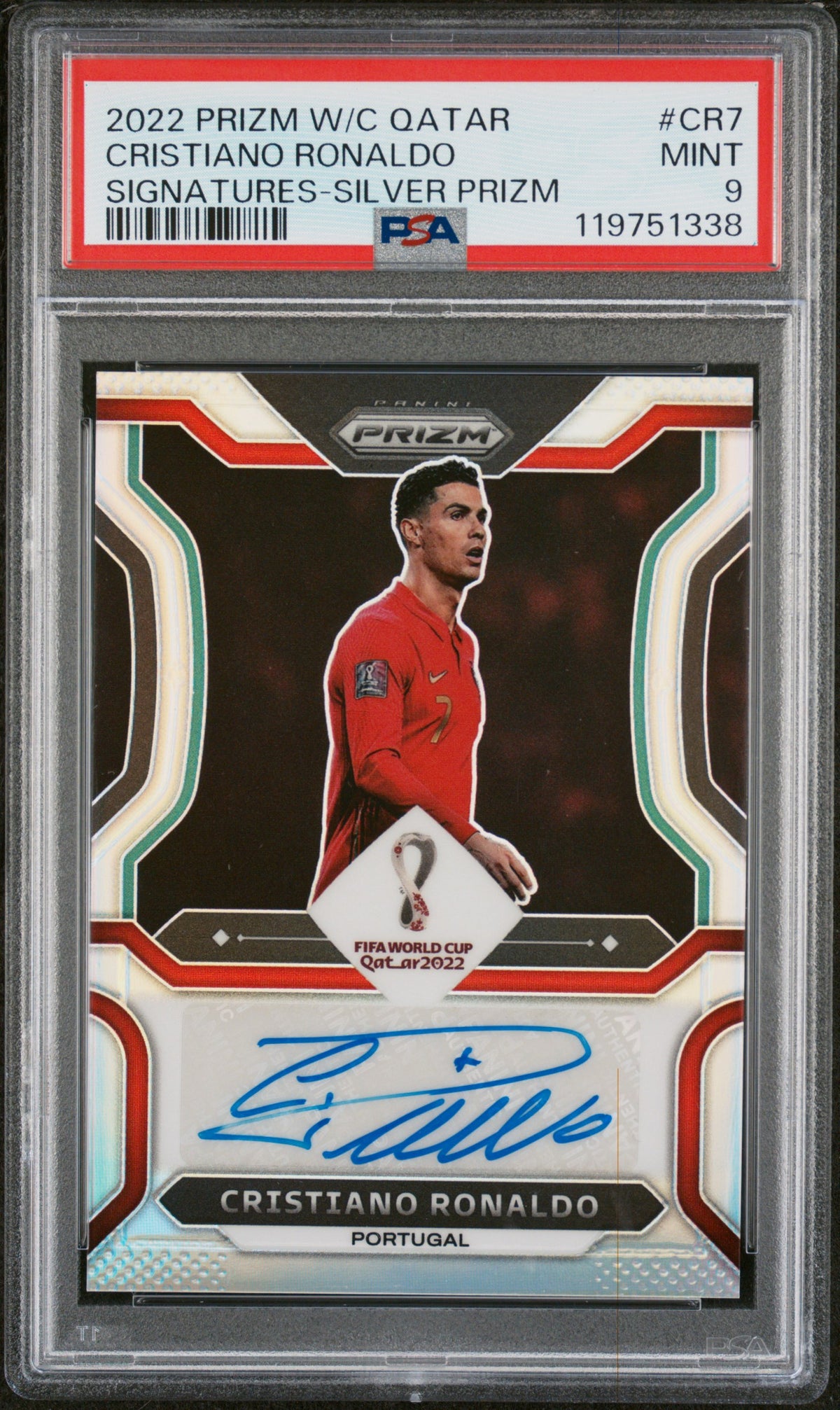 Frente de 1/25 Premio 2022 Copa Mundial de la FIFA Cristiano Ronaldo Portugal Auto Plata PSA 9 / ProCard Sport | PCS-667