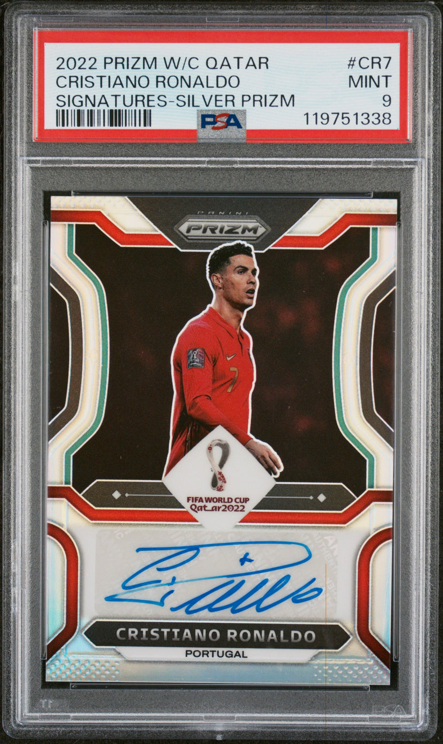 Frente de 1/25 Premio 2022 Copa Mundial de la FIFA Cristiano Ronaldo Portugal Auto Plata PSA 9 / ProCard Sport | PCS-667