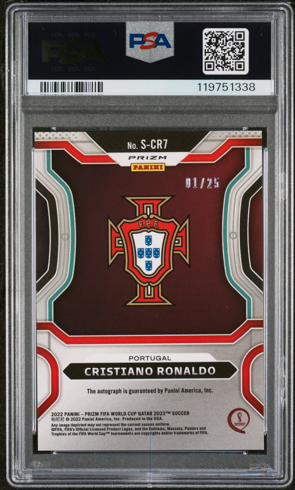 Reverso de 1/25 Premio 2022 Copa Mundial de la FIFA Cristiano Ronaldo Portugal Auto Plata PSA 9 / ProCard Sport | PCS-667