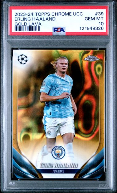 Frente de 2023-24 Topps Chrome UEFA Erling Haaland #39 Gold Lava Refractor PSA 10 / ProCard Sport | PCS-684