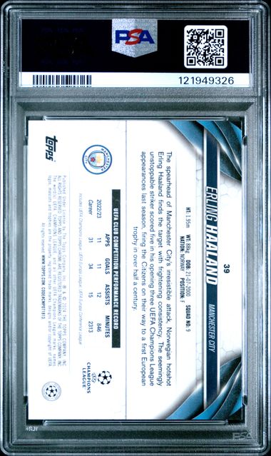 Reverso de 2023-24 Topps Chrome UEFA Erling Haaland #39 Gold Lava Refractor PSA 10 / ProCard Sport | PCS-684
