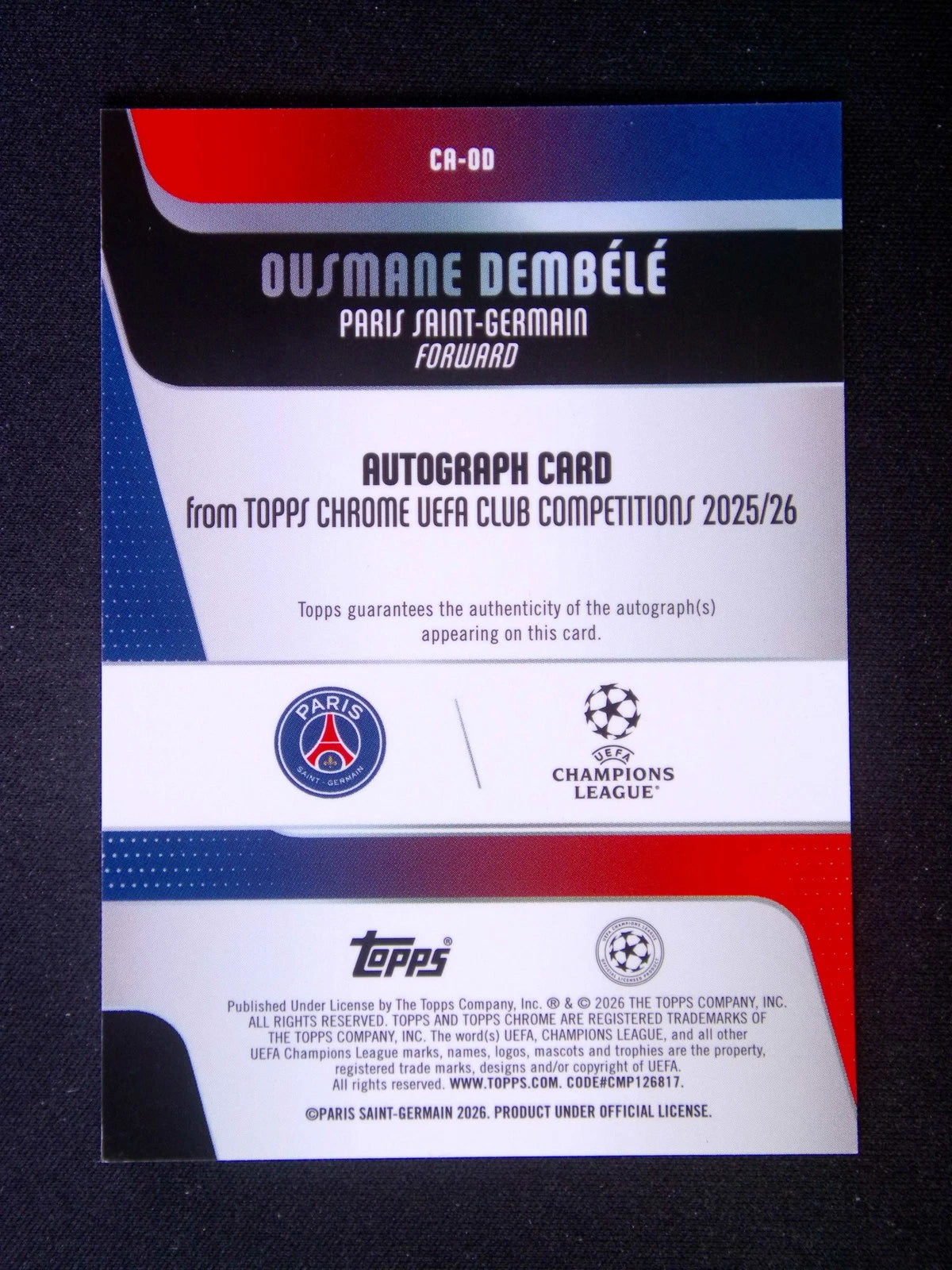 2025-26 Topps Chrome UEFA Ousmane Dembele Auto Gold Refractor /50 / ProCard Sport | PCS-724 | 2