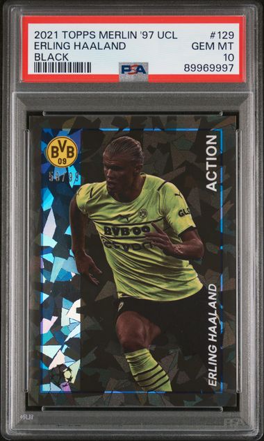 Frente de 2021-22 Topps Merlin UCL Erling Haaland #129 Negro / 99 PSA 10 / ProCard Sport | PCS-748