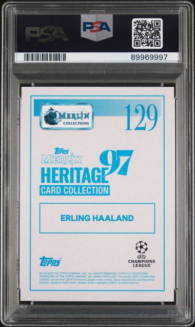 Reverso de 2021-22 Topps Merlin UCL Erling Haaland #129 Negro / 99 PSA 10 / ProCard Sport | PCS-748