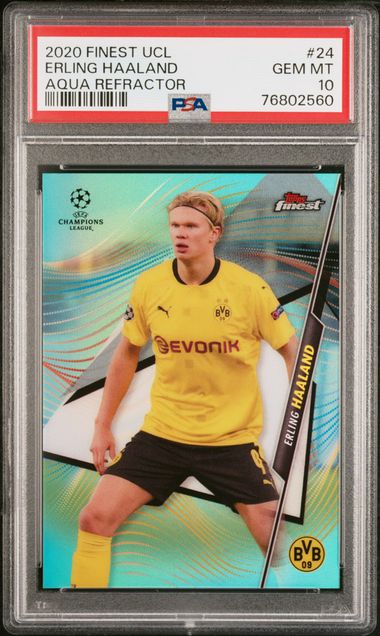 Frente de 2020-21 Topps Mejores UCL Erling Haaland #24 Auqa / 75 PSA 10 / ProCard Sport | PCS-749