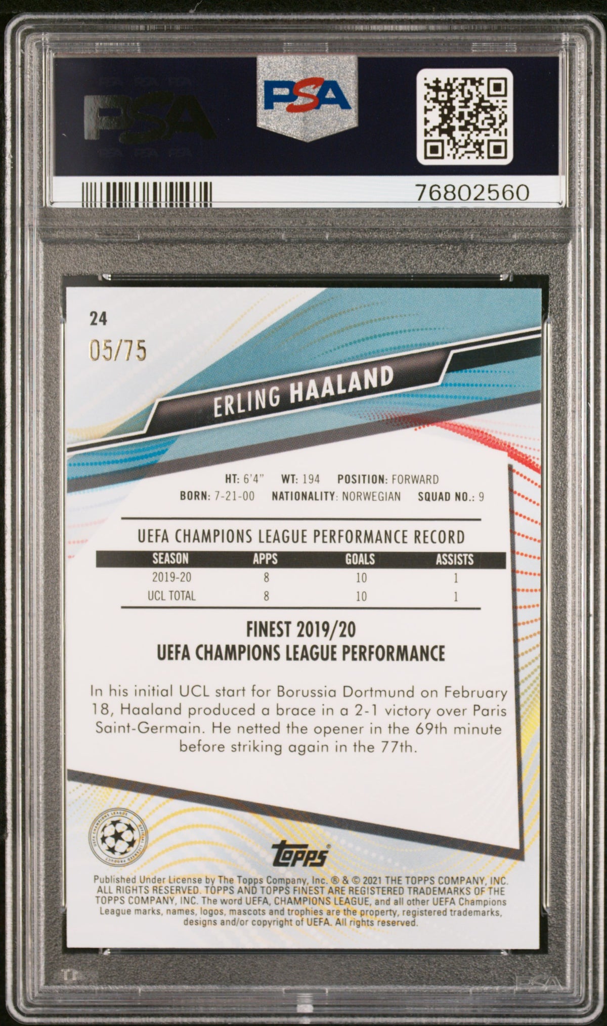 Reverso de 2020-21 Topps Mejores UCL Erling Haaland #24 Auqa / 75 PSA 10 / ProCard Sport | PCS-749