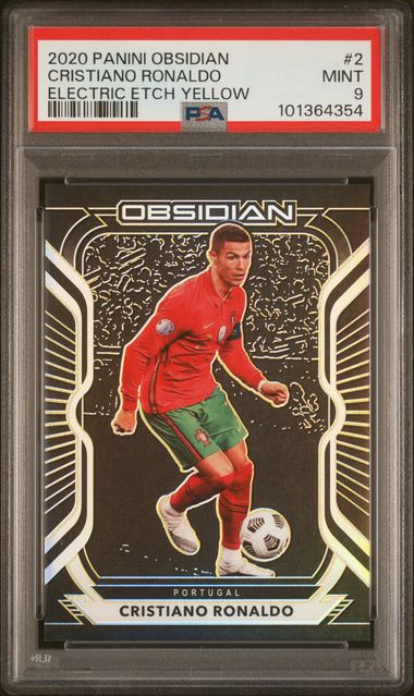 Frente de 2020-21 Panini Obsidian Cristiano Ronaldo #2 Oro Amarillo /10 PSA 9 / ProCard Sport | PCS-751