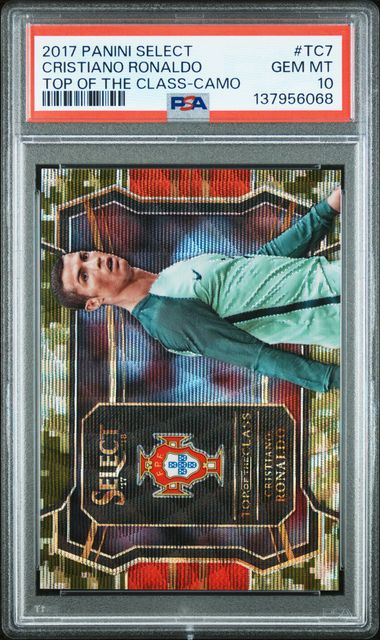 Frente de 2017-18 Panini Select Cristiano Ronaldo Top Of The Class Camo Prizm /20 PSA 10 / ProCard Sport | PCS-752
