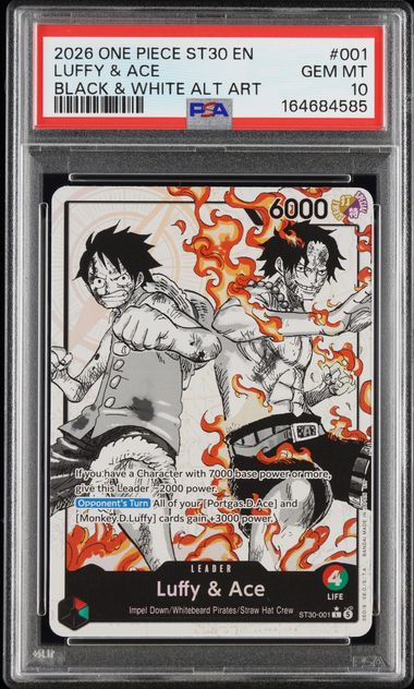 Frente de 2026 ONE Piece ST30-Starter Deck EX Luffy & ACE B&W AA #001 Luffy & ACE PSA 10 / ProCard Sport | PCS-762