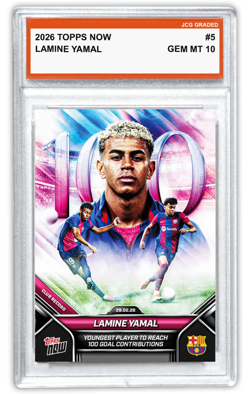 Fotografía frontal de Lamine Yamal 2026 Topps NOW #5, JCG Graded Gem MT 10