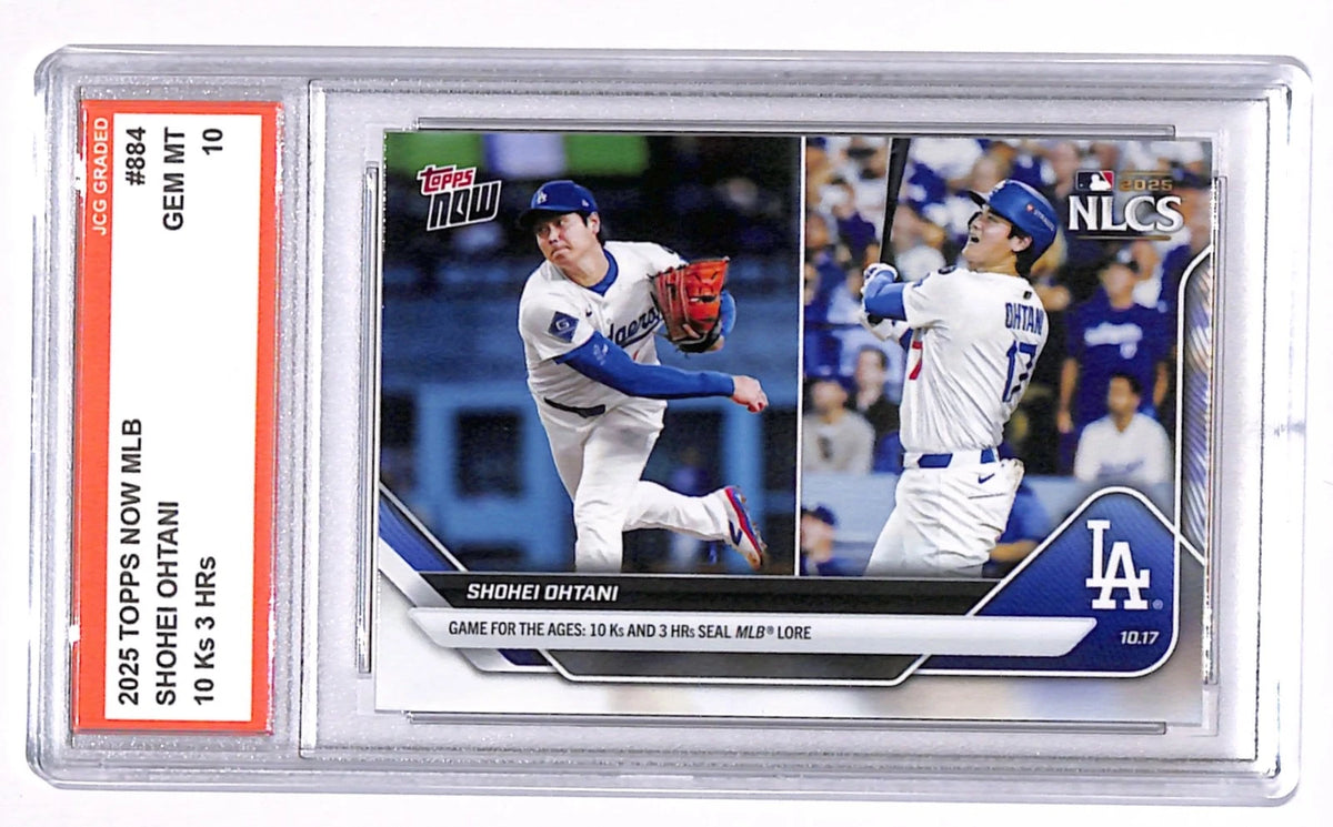 Fotografía frontal de Shohei Ohtani 2025 Topps NOW MLB #884, JCG Graded Gem MT 10