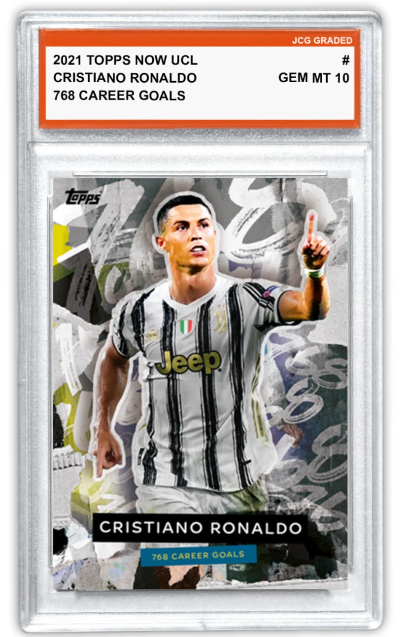Fotografía frontal de Cristiano Ronaldo 2021 Topps NOW UCL, 768 career goals, JCG Graded Gem MT 10