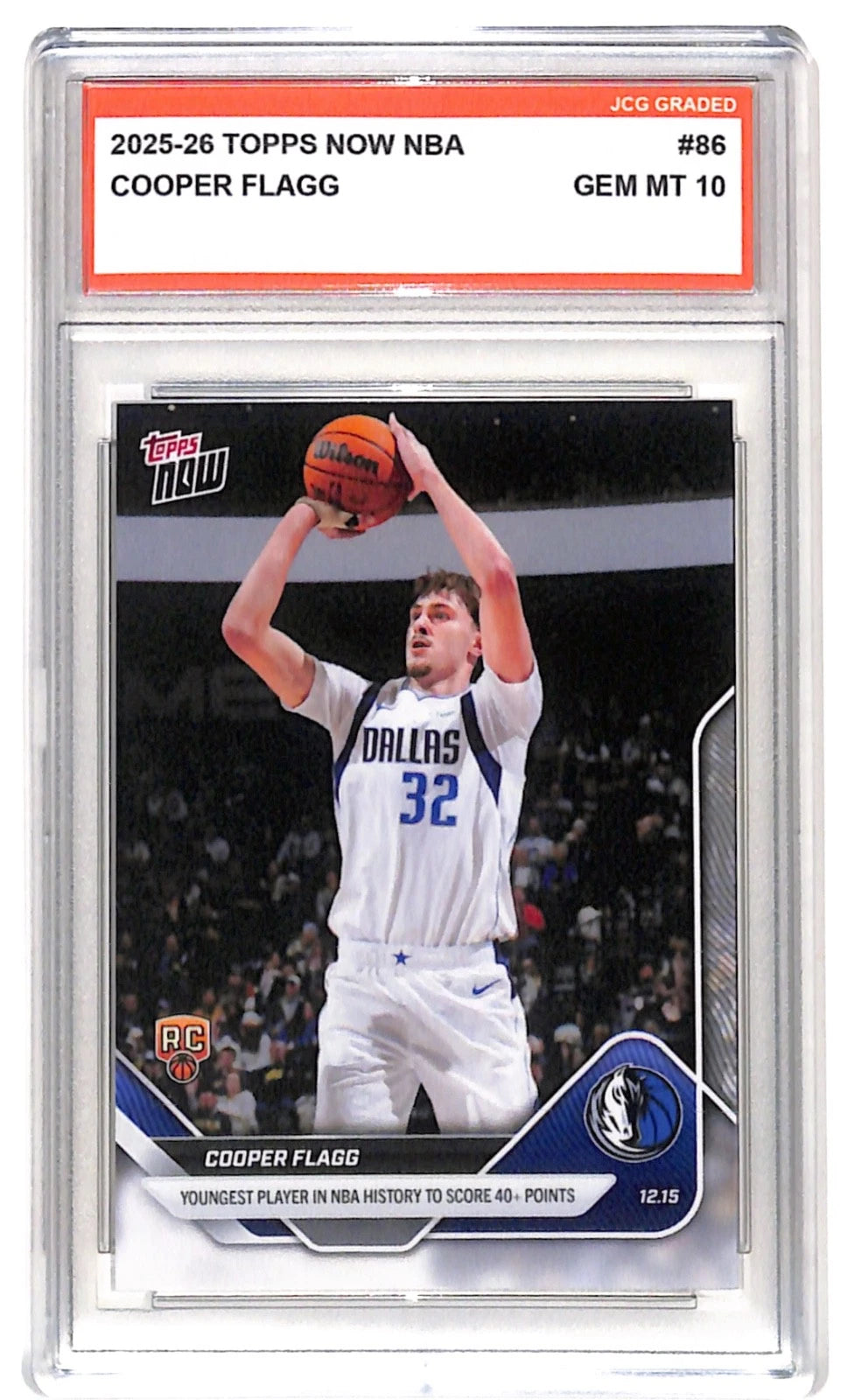 Fotografía frontal de Cooper Flagg 2025-26 Topps NOW NBA #86, JCG Graded Gem MT 10