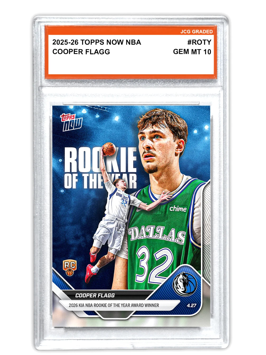 Fotografía frontal de Cooper Flagg 2025-26 Topps NOW NBA #ROTY, JCG Graded Gem MT 10