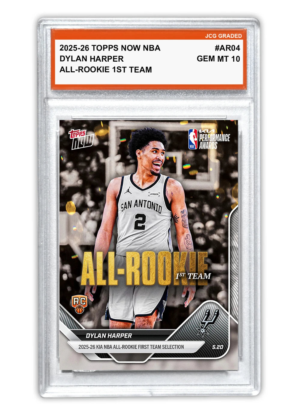 Fotografía frontal de Dylan Harper 2025-26 Topps NOW NBA #AR04, JCG Graded Gem MT 10