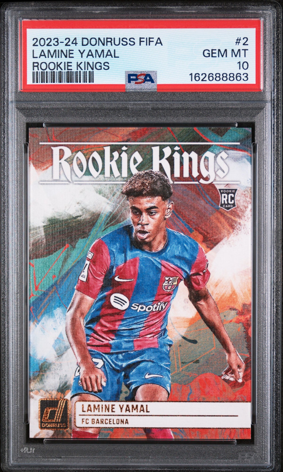 Frente de 2023-24 Panini Donruss FIFA Rookie Kings #2 Lamine Yamal PSA 10