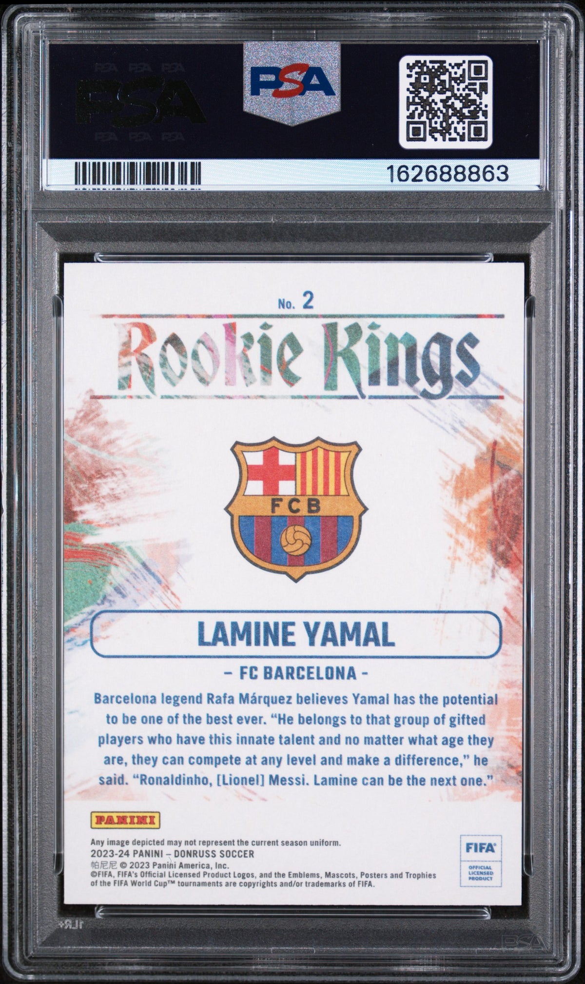 Reverso de 2023-24 Panini Donruss FIFA Rookie Kings #2 Lamine Yamal PSA 10