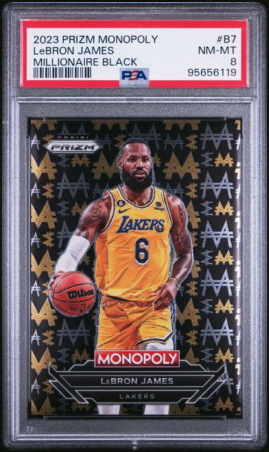 Frente de 2023 Panini Prizm Monopoly Millionaire Black #B7 LeBron James PSA 8