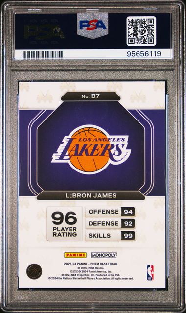 Reverso de 2023 Panini Prizm Monopoly Millionaire Black #B7 LeBron James PSA 8