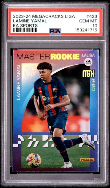 Frente de 2023-24 Panini Megacracks LaLiga #423 Lamine Yamal Master Rookie PSA 10