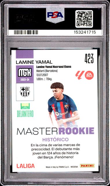 Reverso de 2023-24 Panini Megacracks LaLiga #423 Lamine Yamal Master Rookie PSA 10