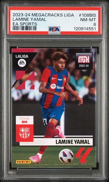 Frente de 2023-24 Panini Megacracks LaLiga #108BIS Lamine Yamal PSA 8