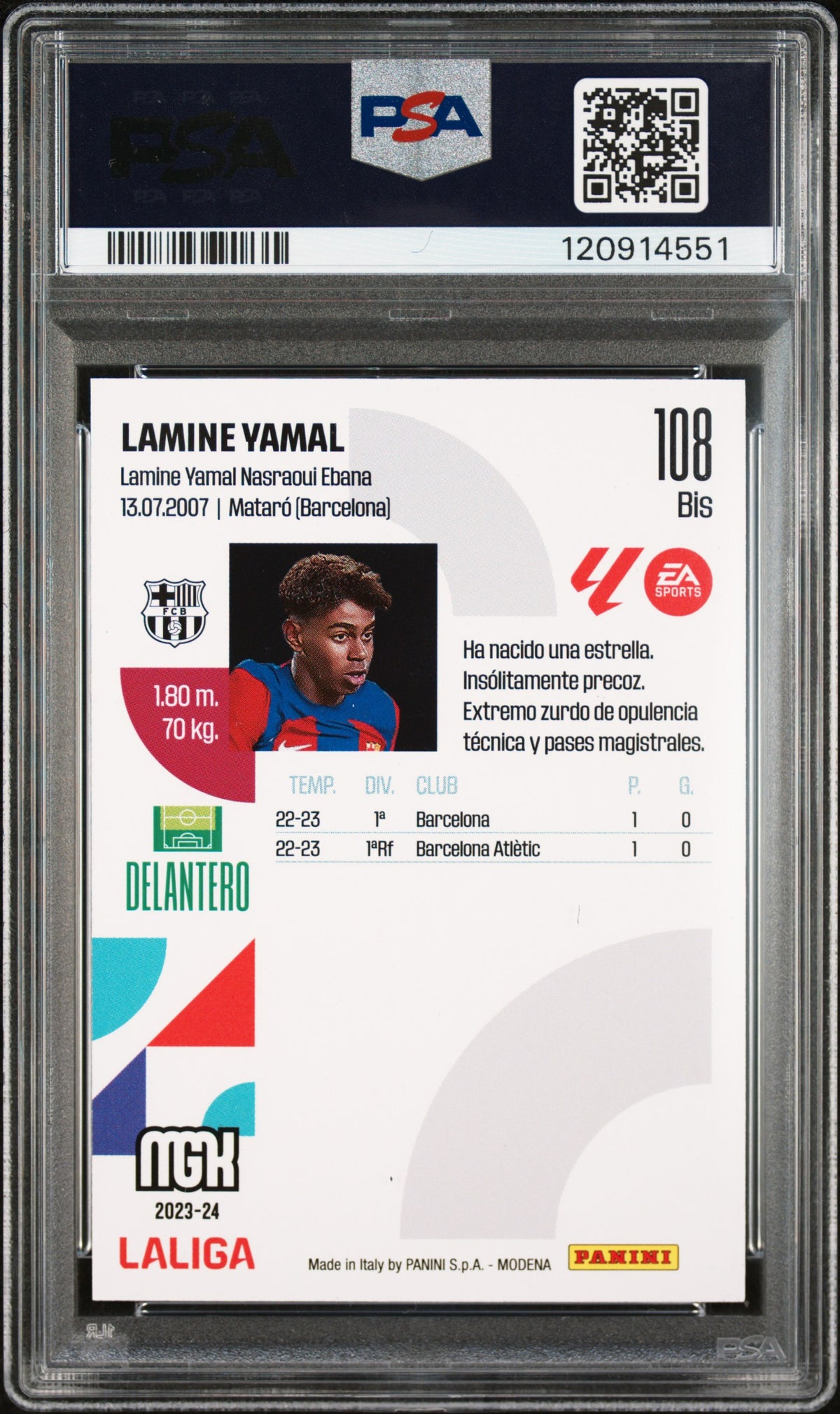 Reverso de 2023-24 Panini Megacracks LaLiga #108BIS Lamine Yamal PSA 8