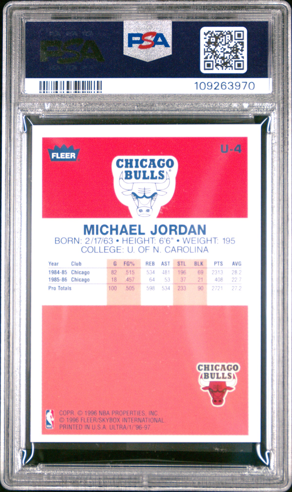 Reverso de 1996 Fleer Ultra Decade of Excellence #U-4 Michael Jordan PSA 8
