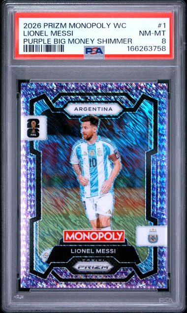 Frente de 2026 Panini Prizm Monopoly World Cup #1 Lionel Messi Purple Big Money Shimmer PSA 8