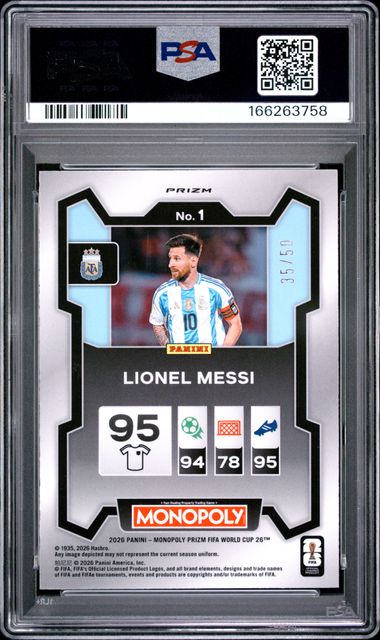 Reverso de 2026 Panini Prizm Monopoly World Cup #1 Lionel Messi Purple Big Money Shimmer PSA 8