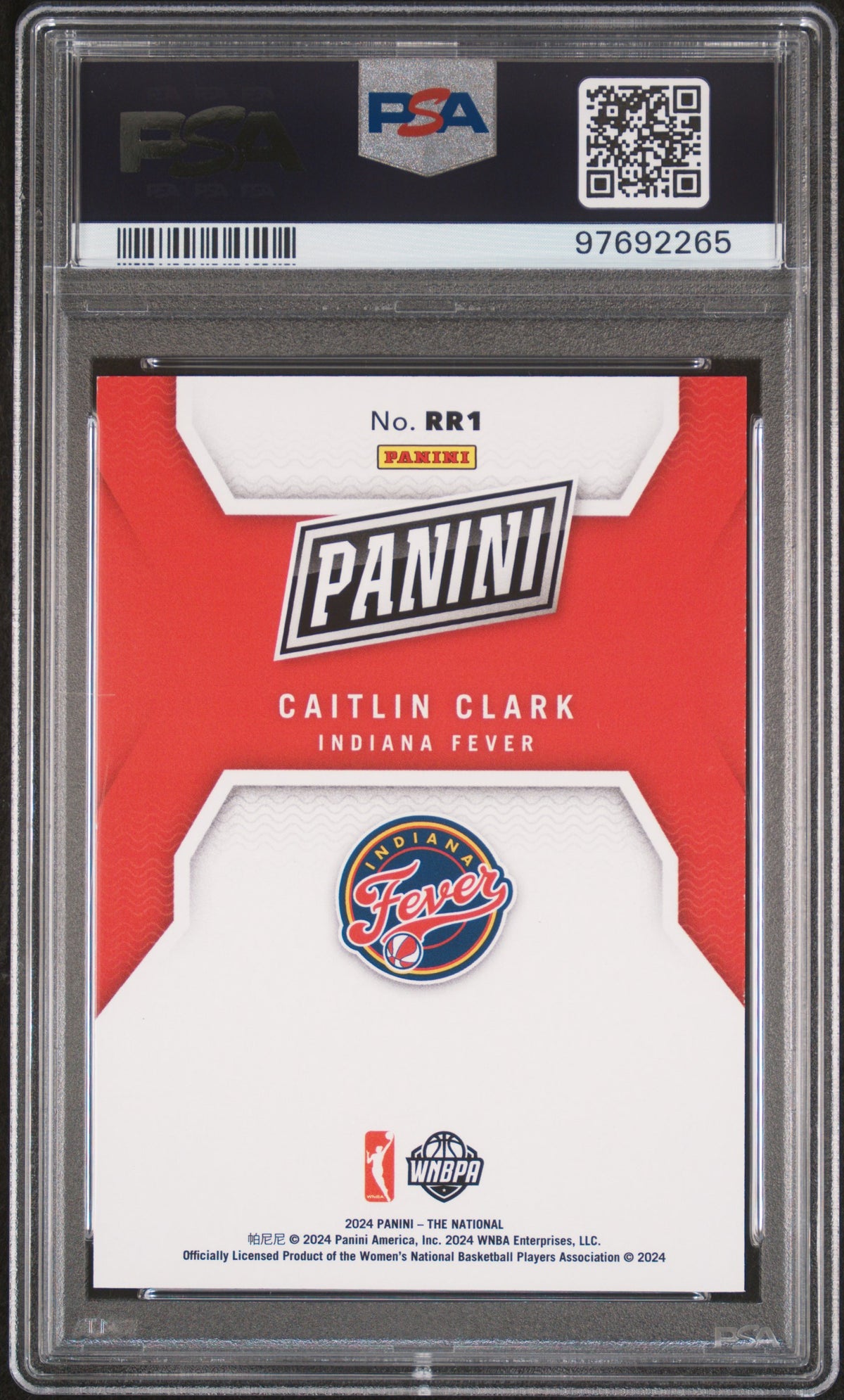 Reverso de 2024 Panini NSCC Silver Pack Rated Rookie #RR1 Caitlin Clark PSA 9