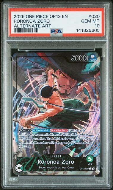 Frente de 2025 One Piece OP12 #020 Roronoa Zoro Alternate Art PSA 10
