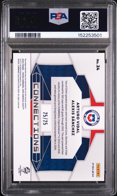 Reverso de 2024 Panini Prizm Copa América Connections #24 Vidal/Sánchez Orange /25 PSA 10
