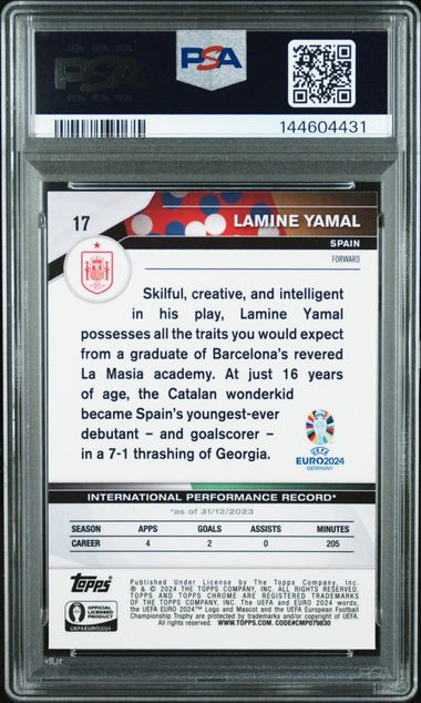 Reverso de 2024 Topps Chrome UEFA Euro National Debut #17 Lamine Yamal PSA 9