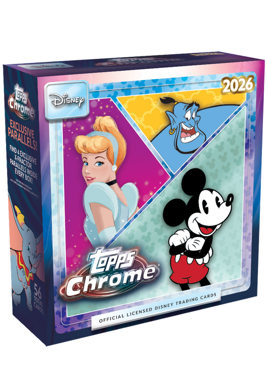 Imagen referencial oficial de Topps: caja 2026 Topps Chrome Disney Mega Box